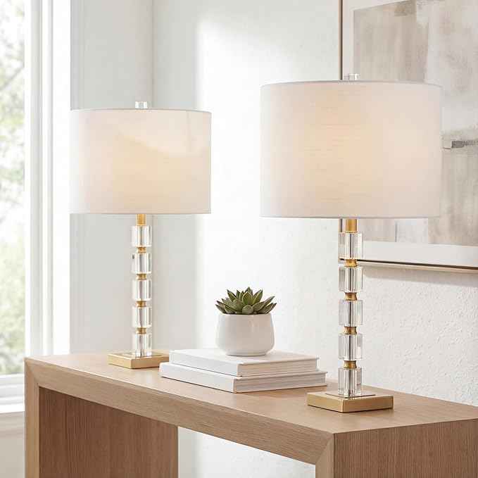 JONATHAN Y 28.5" Clear and Brass Gold Crystal Table Lamp Set of 2, Modern Glam Geometric Bedside Lamps for Living Room, White Linen Drum Shade, UL Listed, LED Bulbs Included JYL5001A-SET2
