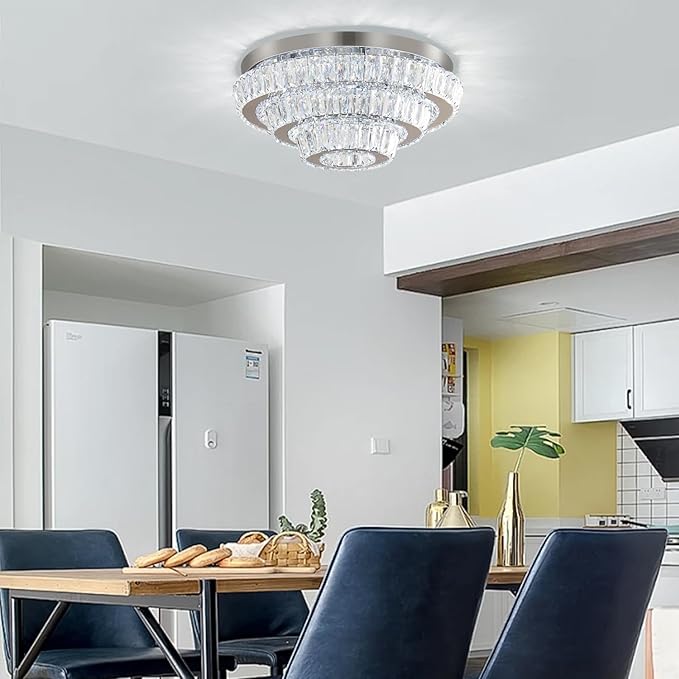 Modern LED Crystal Chandelier 3-Tier LED Ceiling Light Round Ceiling Flush Mounted Chandelier Light Fixure for Dinning Room Bedroom Living Room (Cool White)