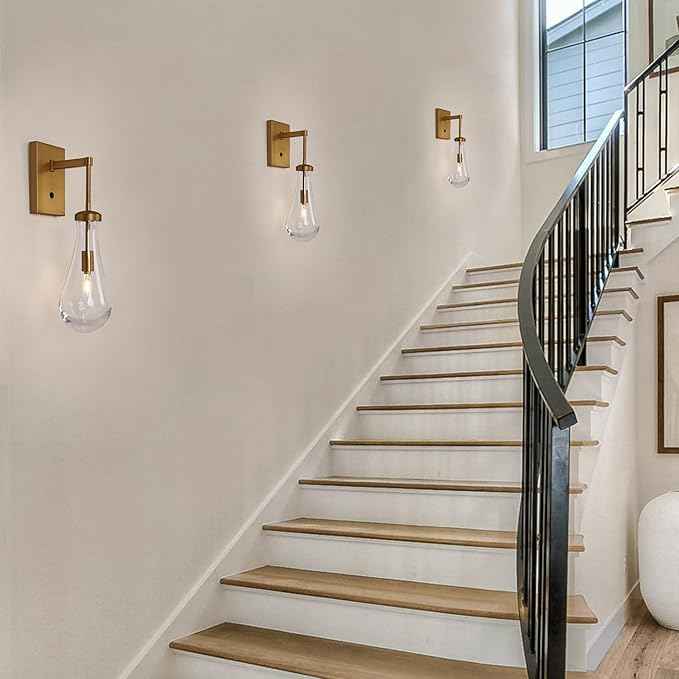 HuisMier Brass Raindrop Wall Sconces, Indoor Wall Sconces with On/Off Switch, Modern Clear Glass Wall Lamp Vanity Light Fixtures for Bathroom Bedroom Living Room Hallway, Hardwired