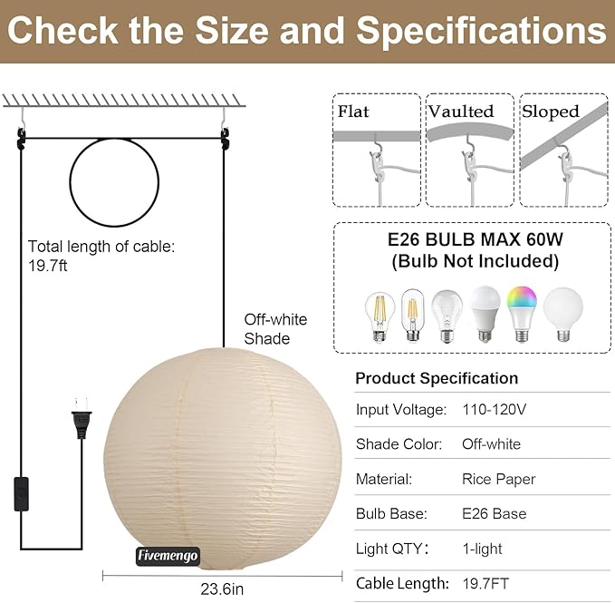 Paper Lantern Lamp Plug in Hanging Lamp 23.6in Off-White Rice Paper Pendant Light with 19.7FT Cord Large Globe Japanese Japandi Wabi Sabi Chandelier for Dining Living Room Bedroom 1 Pack
