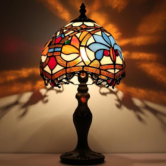 Tiffany Style Lamp Stained Glass Table Lamp 8 x 14.5 Mini Accent Light Yellow Phoenix Tail Design Small Decorative Bedside Reading Memory Lamp