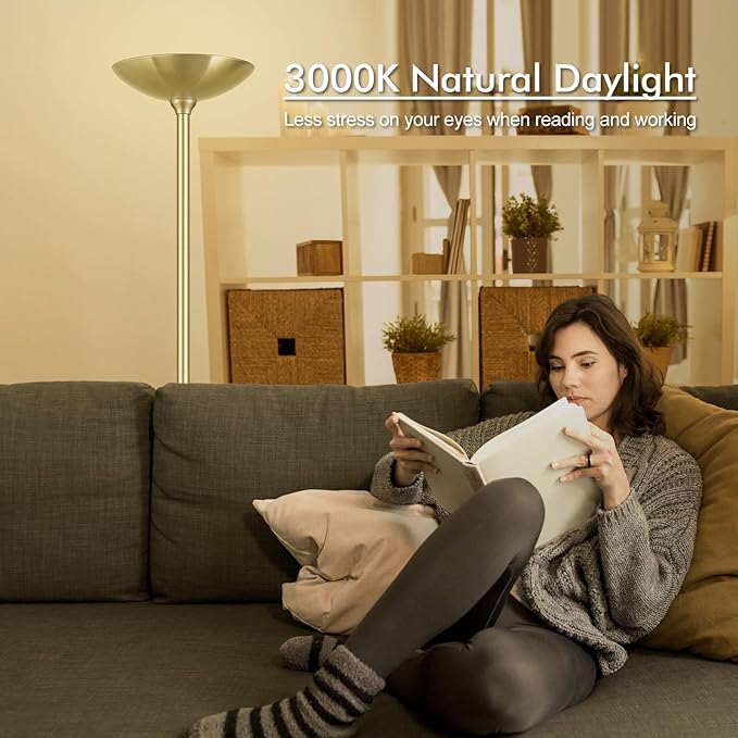 30W Torchiere Floor Lamp Gold, 3600LM Bright Stepless Dimmable Floor Lamp, 71 Inch LED Standing Lamp 3000K, Rotary Switch, I Inch Thick Pole, Tall Metal Torch Floor lamps for Living Room/Bedroom/Den - Aura Lighting