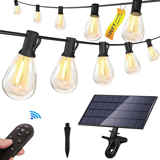 Stright Solar String Light for Outside 120FT with with USB Charging & Remote, Weatherproof Shatterproof LED S14 Bulb 50 Socket, Dimmable & Timable Solar Powered Patio Lights for Porch Backyard Garden