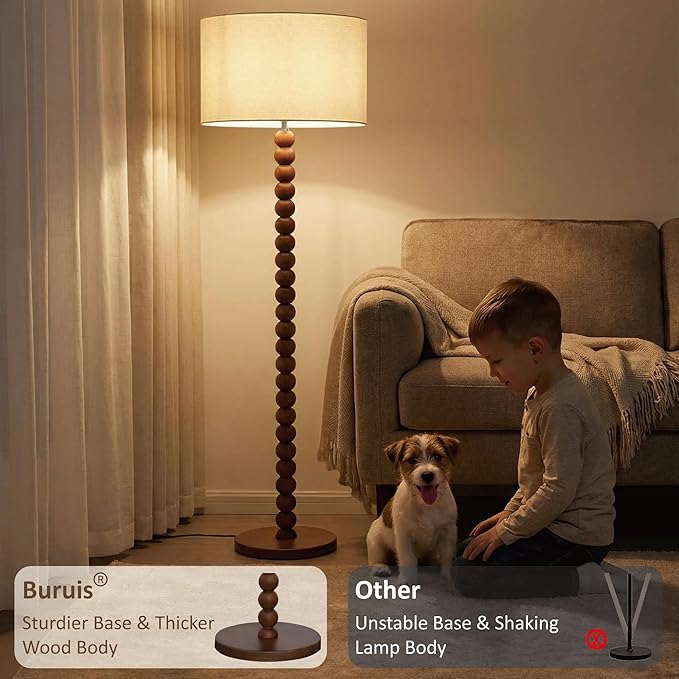Buruis 61" Beaded Wood Floor Lamp with 17.2" Large Linen Shade, UL Listed, Retro Mid-Century Accent Walnut Finish Standing Lamp for Living Room, Bedroom, Office, Corner, Bulb Not Included, Beige