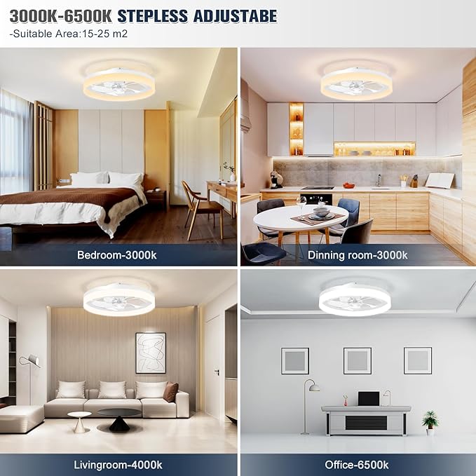 VOLISUN Low Profile Ceiling Fans with Lights and Remote, 19.7in Fandelier Ceiling Fan Flush Mount, 3000K-6500K Smart Bladeless LED Fan Light, White Modern Ceiling Fans with Lights for Bedroom - Aura Lighting