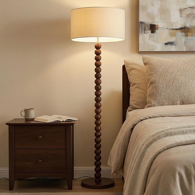 Buruis 61" Beaded Wood Floor Lamp with 17.2" Large Linen Shade, UL Listed, Retro Mid-Century Accent Walnut Finish Standing Lamp for Living Room, Bedroom, Office, Corner, Bulb Not Included, Beige