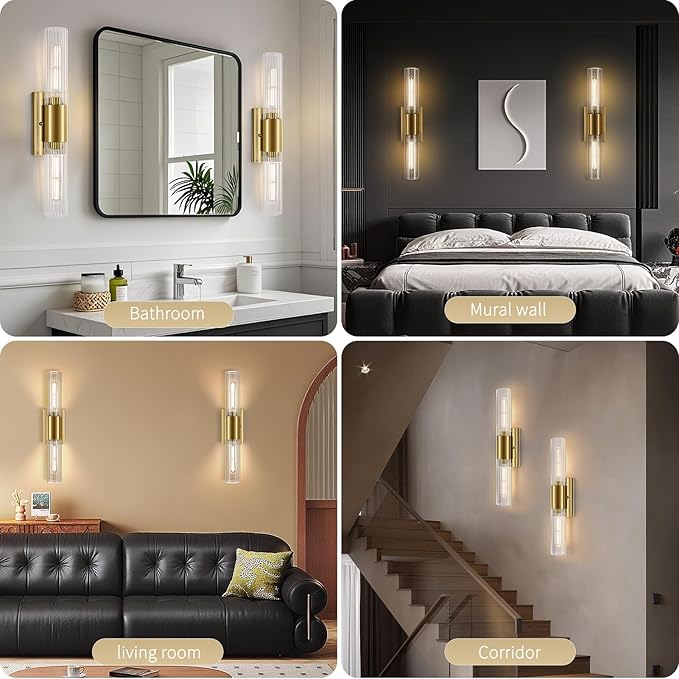 21" Gold Bathroom Sconces Set of 2 , Modern Wall Sconces Set of Two with Threaded Glass, Hardwired Up Down Wall Lighting Vanity Fixtures for Bedroom Bathroom Living Room Hallway (Bulb Not Included) - Aura Lighting