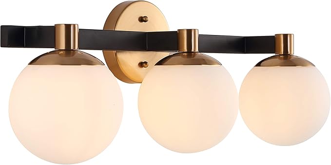 JONATHAN Y 5.75" Brass Gold/Black Modern Globe LED Vanity Wall Sconce Light, White Frosted Glass Shade, Mid-Century Art Deco Wall Lamp for Bathroom, Kitchen, Hallway (JYL3542A)