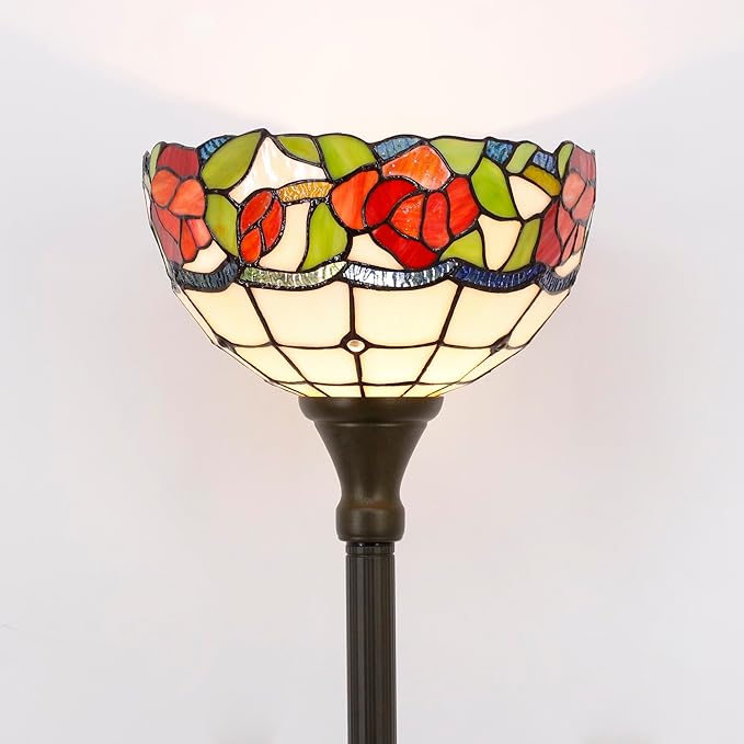 Tiffany Torchiere Floor Lamp Stained Glass Rose Flower Style Standing Corner Torch Uplight 12X12X72 Inch for Bedroom Living Room Home Office