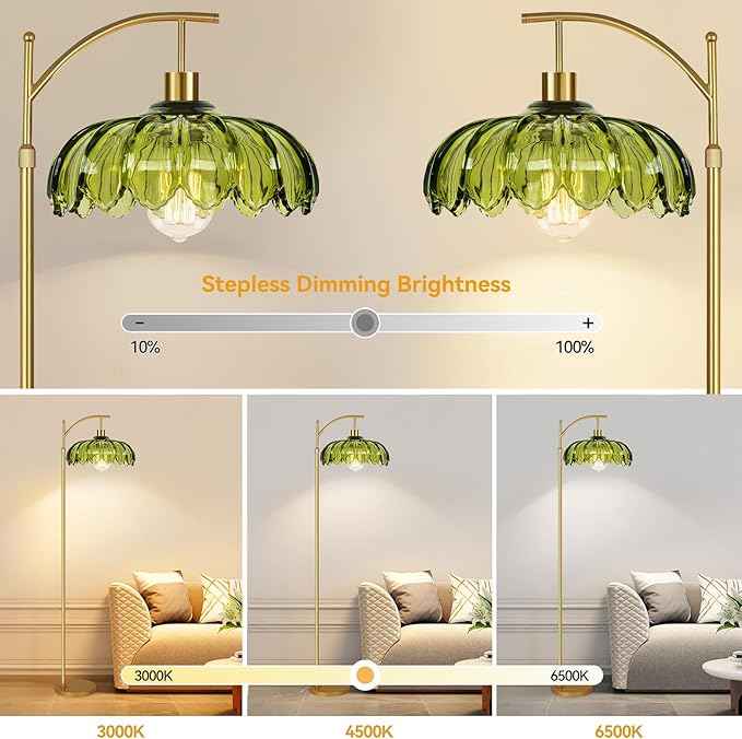 Gold Floor Lamps for Living Room Vintage Green Floor Lamp with Remote Control & Glass Lampshape,Dimmable Mid Century Modern Standing Lamp Tall Flower Lamp Brass Floor lamp for Bedroom Corner