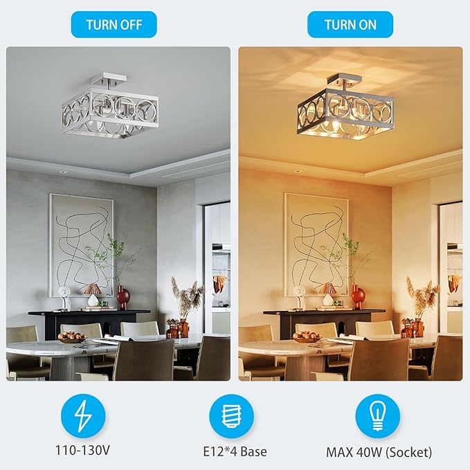 XINGQI Brushed Nickel Ceiling 4-Light 13'' Modern Semi Flush Mount Ceiling Light Fixture Rustic Chandelier Ceiling Lamp for Bedroom Living Dining Room with Square Metal Shade, E12 Bulbs - Aura Lighting