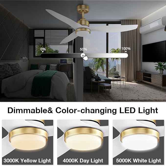 52 Inch Smart Ceiling Fans with Lights and Remote,Dimmable LED Light,Outdoor Indoor Gold White Ceiling Fan,Quiet DC Motor,High CFM 6 Speed,WIFI Alexa App Workable,for Bedroom Living Room Patio - Aura Lighting