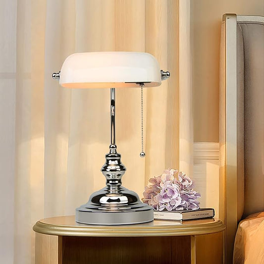 FIRVRE Bankers Lamp White Shade, Bankers Desk Lamp Library Lamp with Pull Chain, Vintage Desk Lamp for Office, Study Room