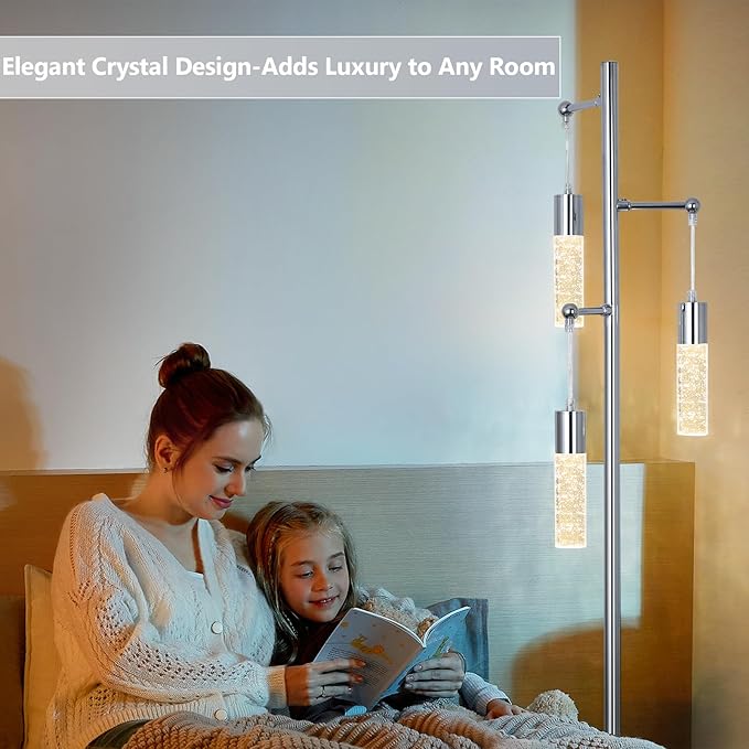 Bubble Crystal Floor Lamps for Living Room, Industrial Modern Standing Lamp with 3 Built-in LED Lights, ON/Off Foot Switch, 65IN Tall Tree Floor Lamp for Bedroom Corner Home Office, Silver
