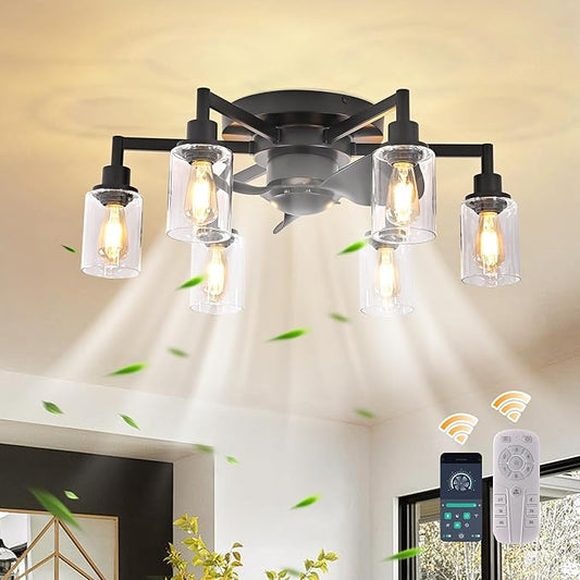 Garwarm 26.4" Ceiling Fans with Lights, Black Flush Mount Ceiling Fan with Lights Remote Control,Low Profile Bladeless Ceiling Fan Light Fixture for Bedroom, Kitchen, Dining Room