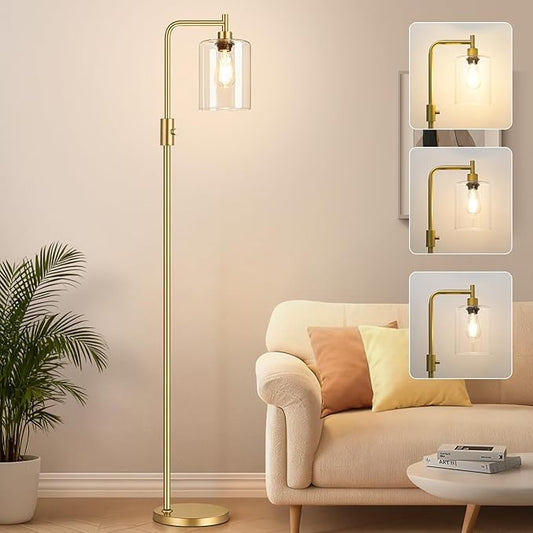 【Upgraded】Dimmable Industrial Gold Floor Lamp for Living Room with Clear Glass Lampshade, Glass Modern Floor Lamp with 900LM Bulb Included, Standing Tall Lamp for Bedroom, Office, Reading Room, Corner