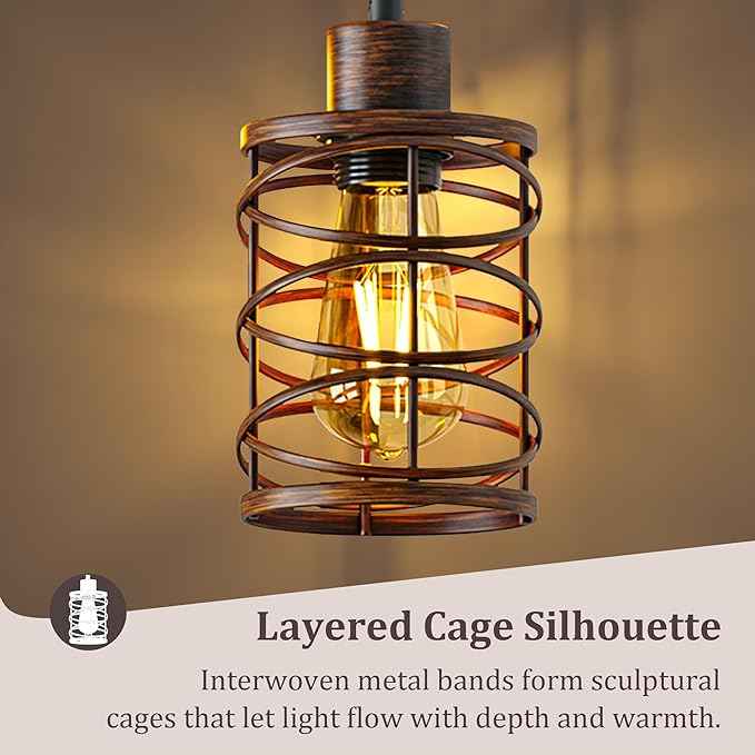 BOBOMOMO 70" Farmhouse Dimmable Floor Lamp, Walnut Brown Industrial Metal Cage Standing Lamp with 3 LED Bulbs, Stepless Dimming Tall Tree Lamp for Living Room, Bedroom, Office, Corner