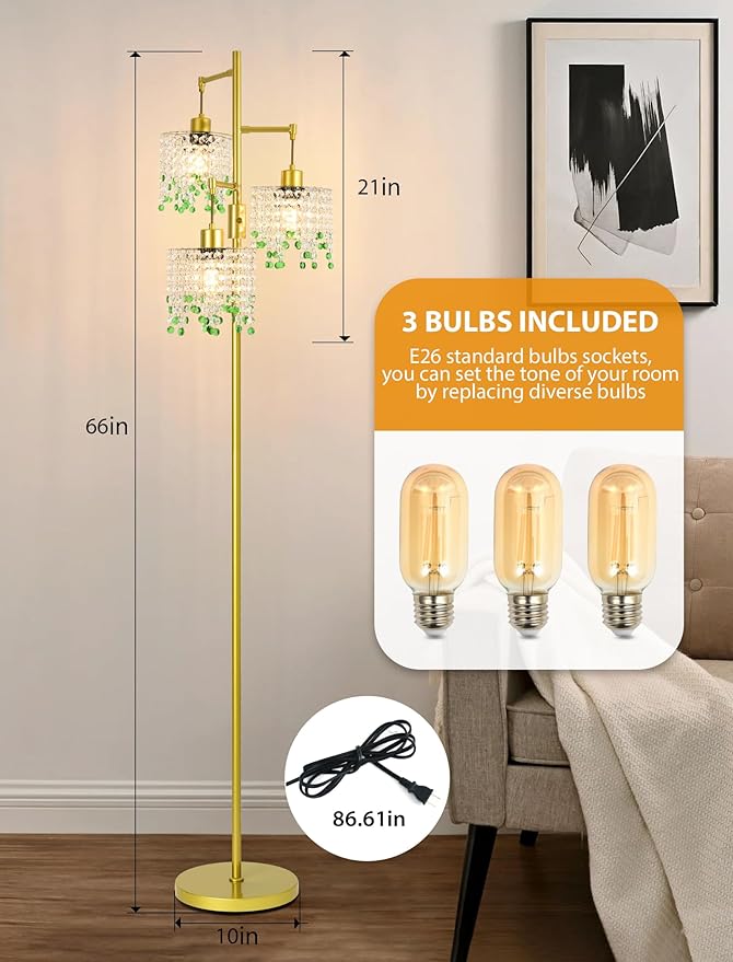 64" Crystal Floor Lamp with 3 Lights, Elegant Crystal Floor Lamp, Modern Standing Lamp, Gold Metal Base, K9 Crystal Beads with Green Accentsfor Living Room, Bedroom, Office
