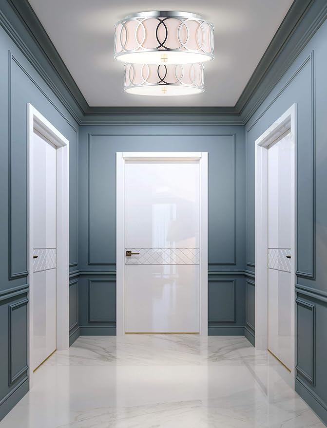 JONATHAN Y 12.25" Chrome Modern Metal LED Flush Mount Ceiling Light for Bedroom Hallway, White Linen Drum Shade with Geometric Fretwork, LED Bulbs Included (JYL3502B)