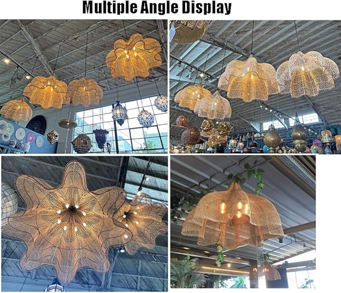 Vintage Tropical Restaurant Ceiling Mount Chandelier Southeast Asian Hotel Hall Pendant Light Shade Handmade Rattan Wabi-sabi Style Semi Flush Mount Ceiling Light Fixture with Metal Chain