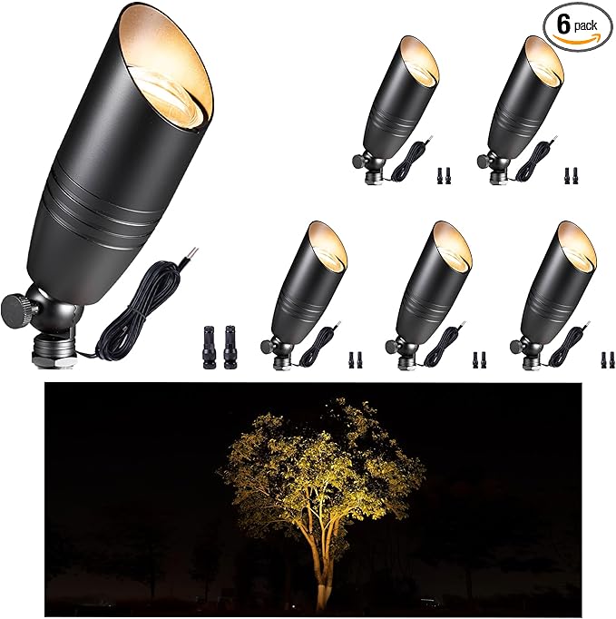 Gardenreet Low Voltage Spot Lights - Black Solid Brass Landscape Spotlight Wired, 12V Outdoor LED Bullet Uplights, Waterproof Electric Black for Patio Wall Without MR16 Bulb (6 Pack) - Aura Lighting