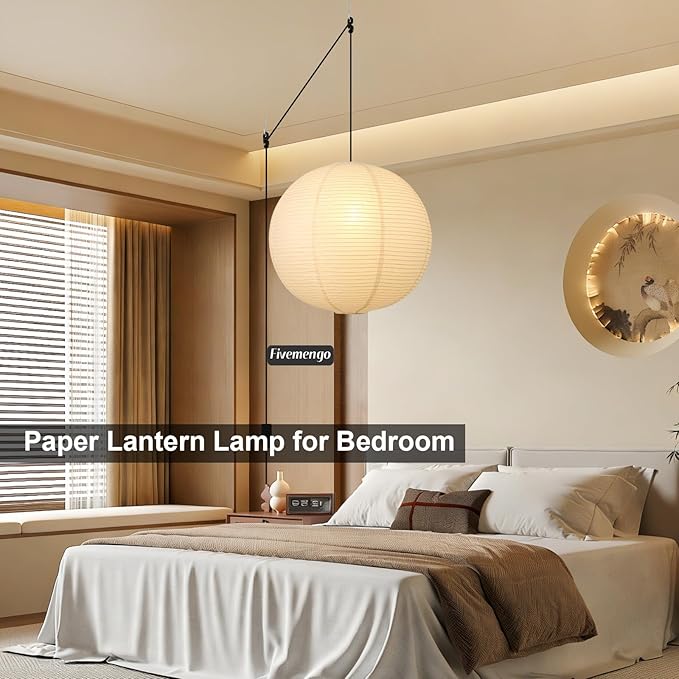 Paper Lantern Lamp Plug in Hanging Lamp 23.6in Off-White Rice Paper Pendant Light with 19.7FT Cord Large Globe Japanese Japandi Wabi Sabi Chandelier for Dining Living Room Bedroom 1 Pack