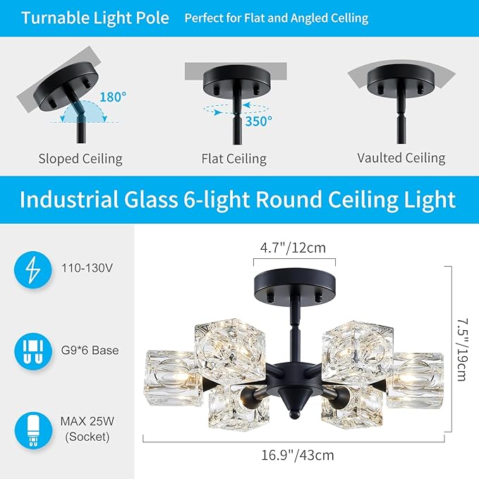 XINGQI Modern Sputnik Chandelier 6-Lights Black Ceiling Light Fixture Small Farmhouse Semi Flush Mount Ceiling Light Glass Industrial Lighting for Hallway Dining Room Living Room Kitchen Bedroom - Aura Lighting