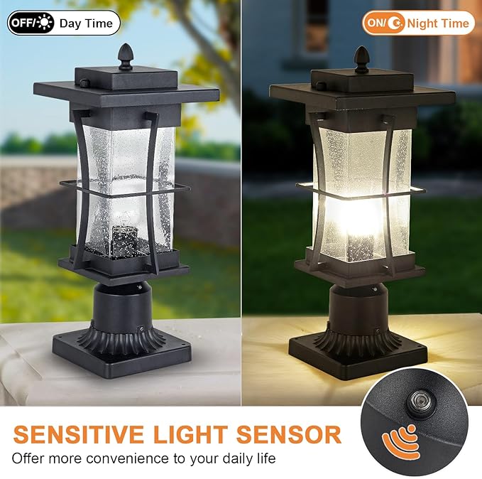 Dusk to Dawn Outdoor Post Light Fixture Waterproof Pole Mount Light with Pier Mount Adapter, Black Finish with Seeded Glass Outdoor Post Lantern for Patio, Garden, Porch and Backyard - Aura Lighting