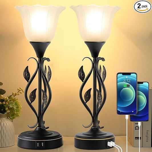 Touch Table Lamps for Bedroom Set of 2, Bedside Lamps with USB Ports, 3-Way Dimmable Decorative Nightstand Lamp Rustic Leaf Torchiere Glass Flower Lamp for Living Room Dresser (Bulbs Included)