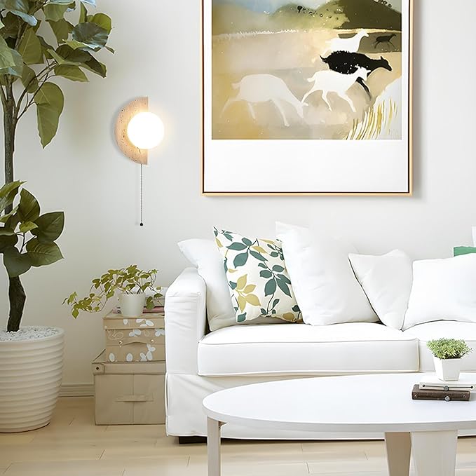 Semi Circle Yellow Travertine Wall Sconce, Wabi Sabi Marble Wall Light with Glass Lampshade and Pull Switch, Half Moon Natural Stone Wall Lamp for Bedroom Living Room Hallway(Left)