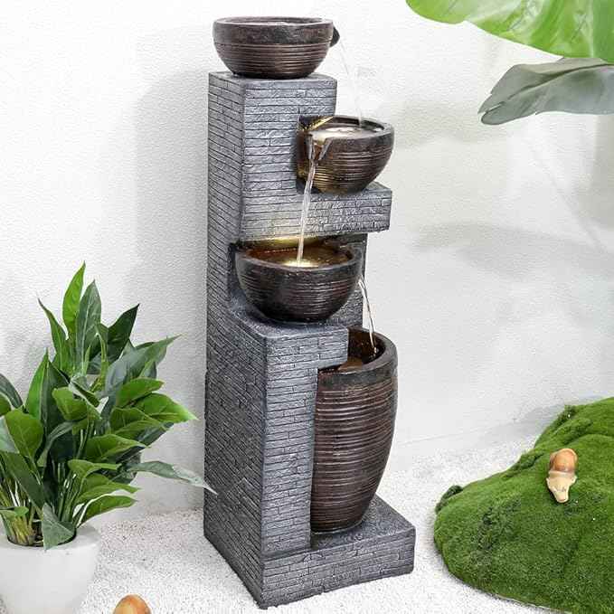 SunJet Indoor/Outdoor Cascading Water Fountain - 40.1inches Garden Fountains with Warm Lights, 4 Bowls Waterfall Feature for Home Deck, Patio, Porch, Yard Decor