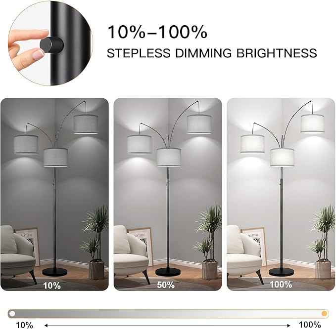 Dimmable Floor Lamp, 3 Lights Arc Floor Lamps for Living Room, Modern Tall Standing Tree Lamp with Gray Linen Shade & Heavy Base, Large Floor Lamp for Bedroom Office, 3x1000 LM LED Bulbs Included