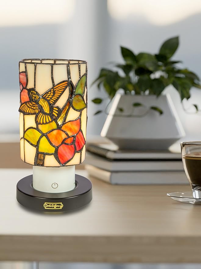Dale Tiffany TAR24120 Calliope Hummingbird Uplight Tiffany Accent Lamp with Built-in Rechargeable Battery and 3-Level Brightness, Multicolor, 8.5-Inch Tall