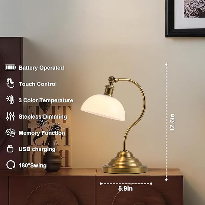 Cordless LED Table Lamp Set of Two, Swing Arm Desk Lamp, Battery Operated,Dimmable/3 Color,Modern Rechargeable Table Light for Living Room,Bedroom,Bedside, White Glass Shade, Brass - Aura Lighting