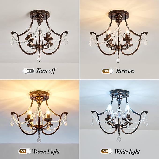 UOFUS Vintage Semi Flush Mount Crystal Chandelier Oil Rubbed Bronze 4-Light Small Metal Ceiling Light Fixture Farmhouse Ceiling Lamp for Foyer Kitchen Entryway Hallway Bathroom Bedroom Dining Room - Aura Lighting