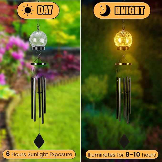 BreezeHug Solar Wind Chimes Outdoor Lights 42 Inch Large Sympathy Gift Chime 15 LED Twinkle Warm White Crackled Glass Ball Hanging Lantern Gifts for Birthday Garden Yard Patio Landscape Decor