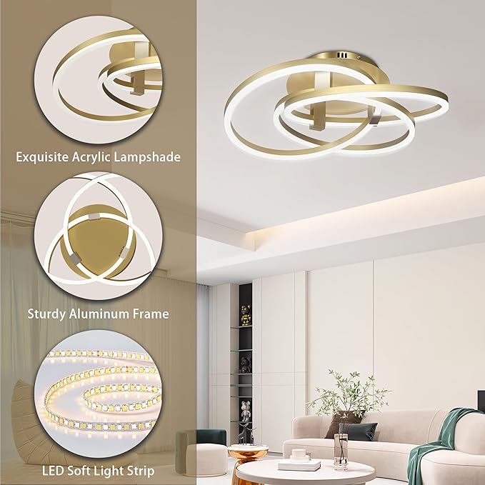 Maxax 23.5" Gold Led Ceiling Light Fixture, Modern 3 Rings Flush Mount Chandelier, Close to Ceiling Lamp for Bedroom Living Room Dining Room Kitchen, ETL Listed