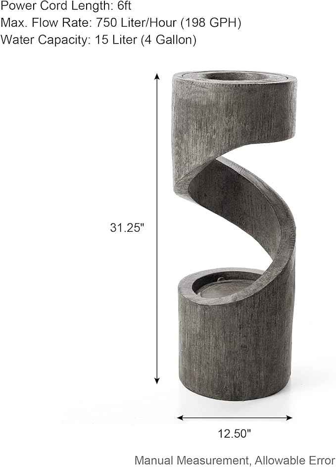 Glitzhome Outdoor Water Fountain with LED Light, Spiral Outdoor Fountain Waterfall with Stone Planter, Modern Curved Freestanding Fountain Water Feature for Garden Patio Backyard, 31.3" H