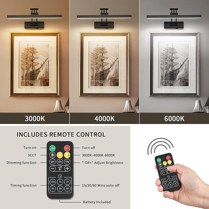 Rechargeable Lights for Pictures on Wall Battery Operated Black 15.7 Inch Wall Lights with Swing Arm and Timer Function Cordless Art Light with Remote Timer for Paintings,Gallery