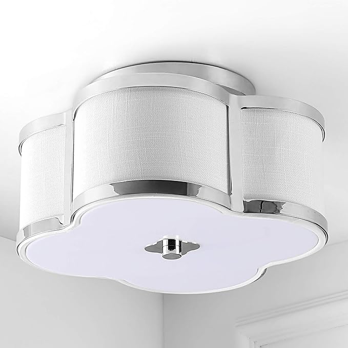 JONATHAN Y 13" Chrome Modern Scalloped LED Flush Mount Ceiling Light Fixture, White Linen Shade Quatrefoil Chandelier for Bedroom Living Room Kitchen Hallway Foyer JYL9507A
