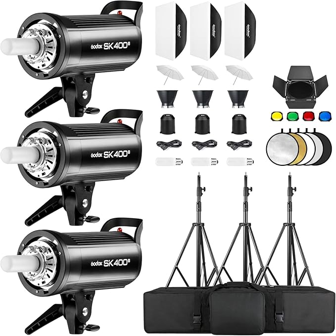 Godox 3 Pack SK400II 1200W Studio Strobe Flash Kit, 400W Bowens Mount Monolight, 24”x36” Softbox, 110" Light Stand, Umbrella, Barn Door, Carrying Case for Video Shooting,Prodoct, Portrait Photography - Aura Lighting