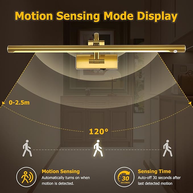 Wireless Brass Picture Lights for Wall Motion Activated, Motion Sensor Art Lights Auto-Off Gallery Lights for Portraits Display 24 Inch 5W Warm White