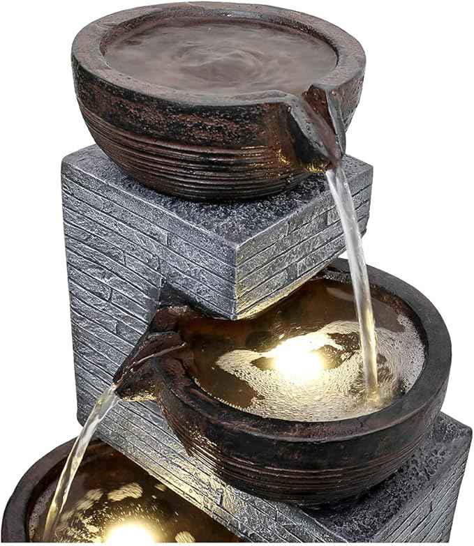 SunJet Indoor/Outdoor Cascading Water Fountain - 40.1inches Garden Fountains with Warm Lights, 4 Bowls Waterfall Feature for Home Deck, Patio, Porch, Yard Decor
