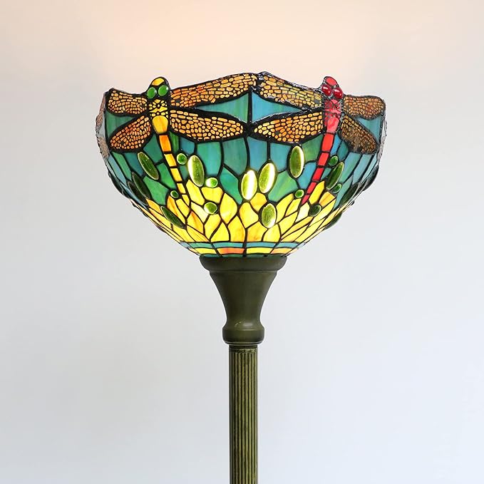 Tiffany Floor Lamps for Living Room, Tiffany Torchiere Floor Lamp Dragonfly, Blue-Green 12 Inch Stained Glass Lampshade, Small Tiffany Type Reading Floor Lamp