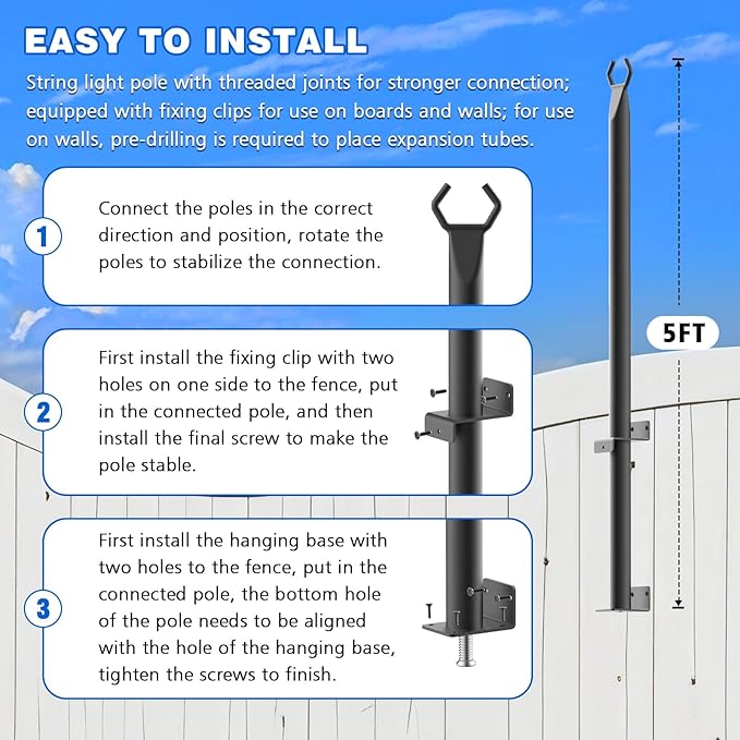 zoegi 10 Pack 5FT String Light Poles,Light Poles for Outside Lights with Fork,Outdoor Brackets Hanging Lights,Metal Stand for Deck Patio,Backyard,Wedding,Deck,Party