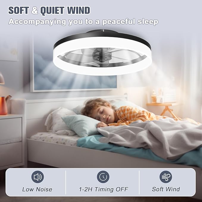 VOLISUN Low Profile Ceiling Fans with Lights and Remote, Fandelier Ceiling Fan Flush Mount, 3000K-6500K Smart Bladeless LED Fan Light, Black Modern Ceiling Fans with Lights for Bedroom - Aura Lighting