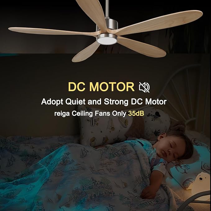 reiga 60 Inch Large DC Motor Outdoor Ceiling Fan with Dimming LED Light Kit, Alexa, Google Home, App and Remote Control, 5 Natural Wood Propeller Blades for Patio Garage Farmhouse and Porch - Aura Lighting