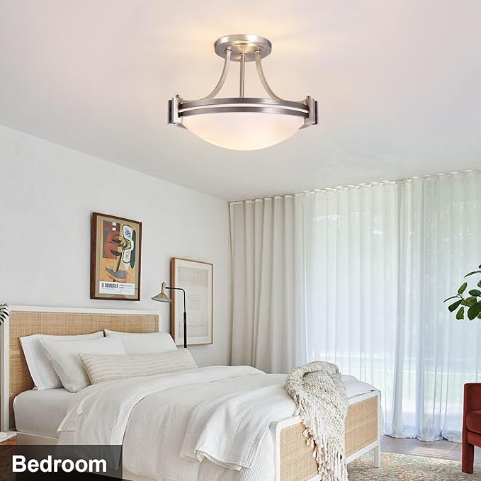Bektas Semi Flush Mount Ceiling Light Fixture,12inch Brushed Nickel Flush Mount Ceiling Light with Milk Glass for Bedroom,Kitchen,Bathroom,Hallway,Foyer,Dinning Room(2-Lights)