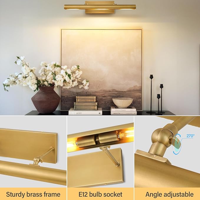 Art Picture Frame Wall Light: 24" Glod Dimmable Vintage Artwork Brass Painting Spotlight - Hardwired Swing Arm Rotatable 3 Lights over Picture - Linear Accent Lighting above Photo for Gallery Bookcase