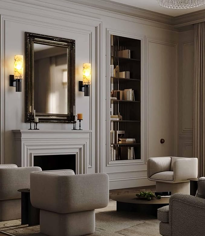Modern Alabaster Sconce Marble Wall Sconce for Living Room Black Base Bathroom Vanity Wall Sconce Lighting Stone Marble Wall Lamp for Bedroom Corridor Stairs Restaurant - Aura Lighting